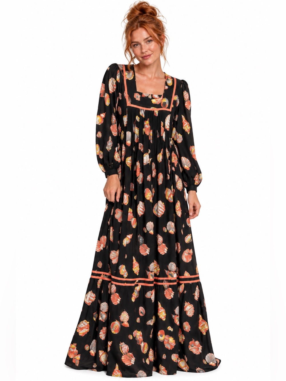 Mindy Malone 70’s ILGWU, Rare! Black Seashell novelty print prairie maxi dress!